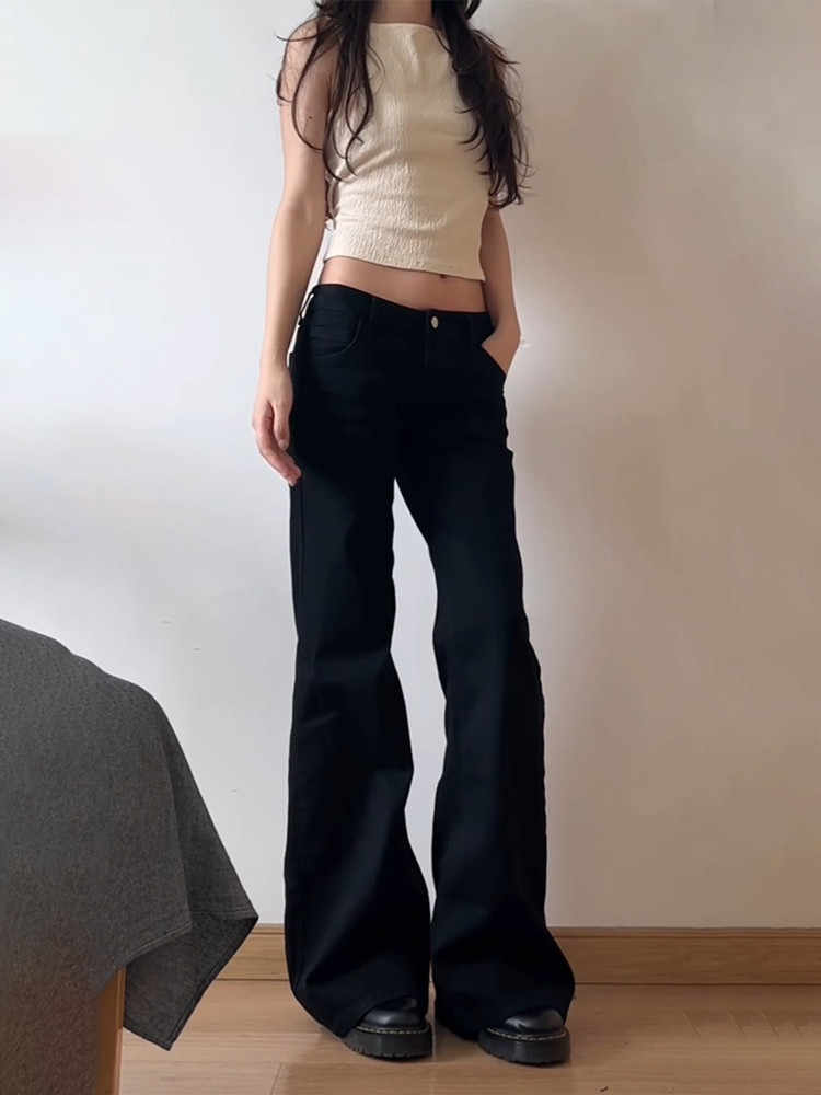 Calça Jeans Wide Leg Feminina Vintage – Cintura Alta, Estilo Retrô ( Preto )