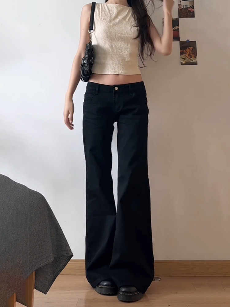 Calça Jeans Wide Leg Feminina Vintage – Cintura Alta, Estilo Retrô ( Preto )