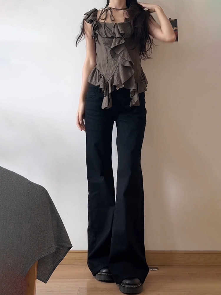 Calça Jeans Wide Leg Feminina Vintage – Cintura Alta, Estilo Retrô ( Preto )