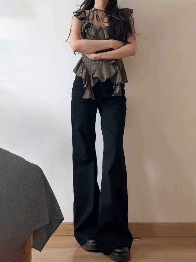 Calça Jeans Wide Leg Feminina Vintage – Cintura Alta, Estilo Retrô ( Preto )
