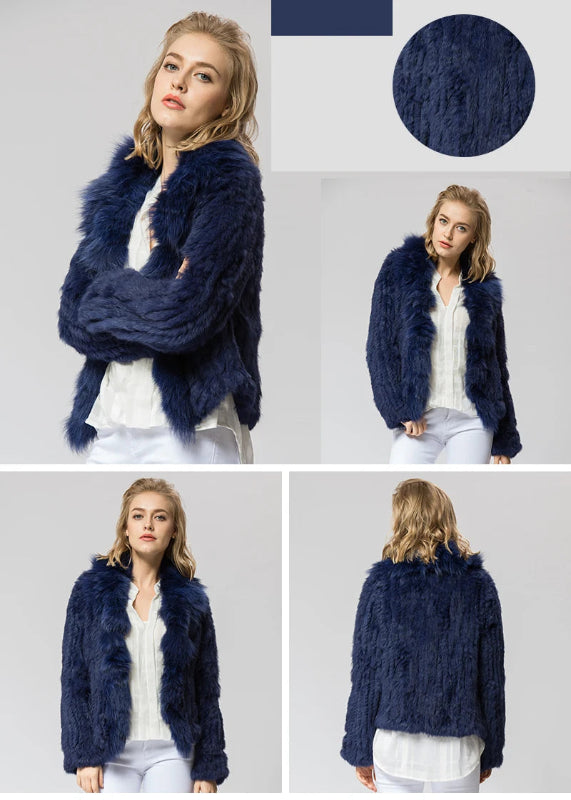 Casaco de Pele Genuína de Coelho com Gola de Raposa – Elegância Inverno - AlmaChic