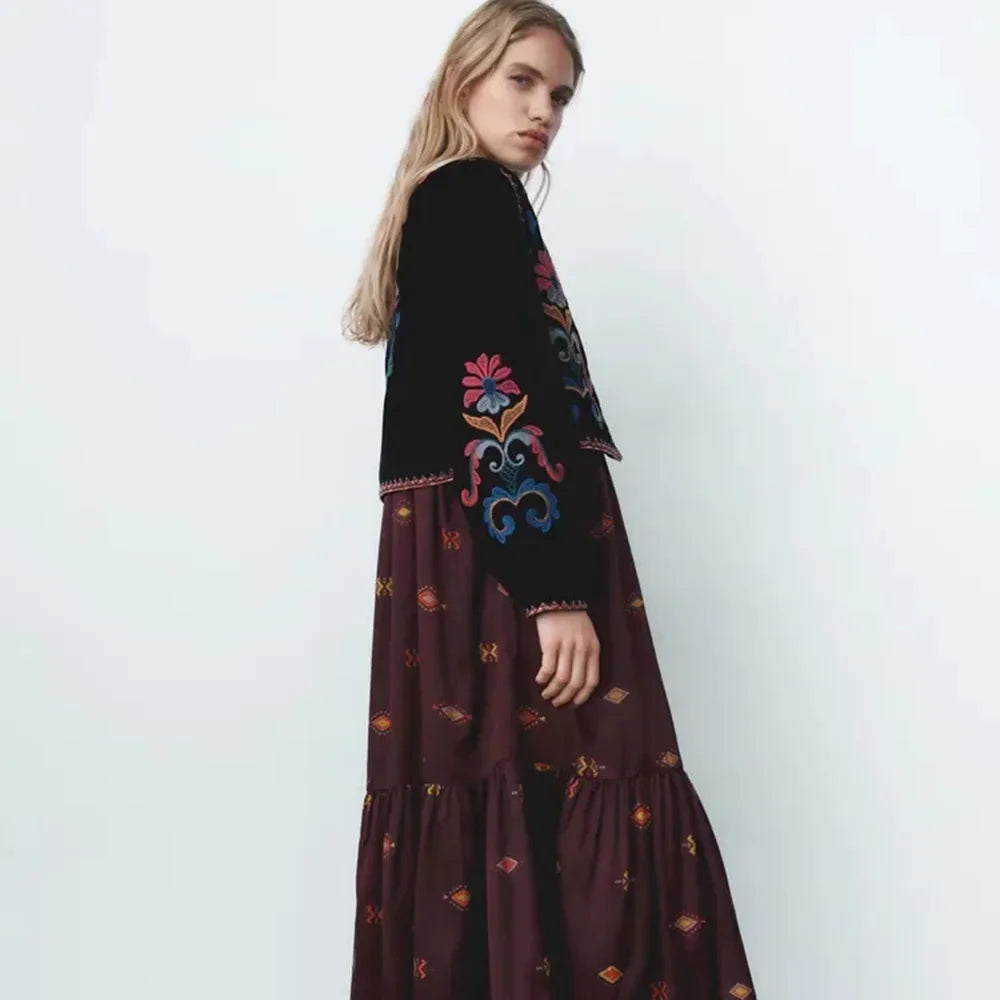 Xeseay jaqueta de inverno feminina 2022 casaco bordado manga longa outerwear o pescoço vintage ponto aberto casual veludo cintura casaco