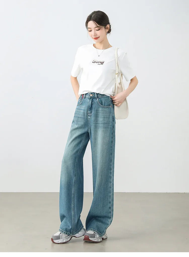Sentubila calças jeans femininas de algodão 2025 primavera moda reta vintage denim cintura alta comprimento total bolsos calças w51n58827
