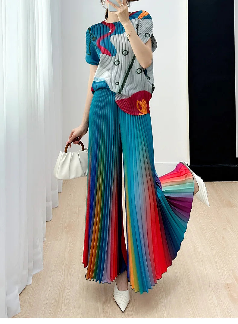 Primavera/Verão Novo Gradiente das mulheres Plissado Solto e Versátil Perna Larga Alargamento Calças Moda Outono Street Style Rainbow Calças