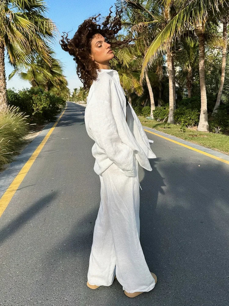 Feminino casual sólido algodão camisa de linho calças ternos moda único breasted blusas cintura elástica calças definir primavera roupas soltas