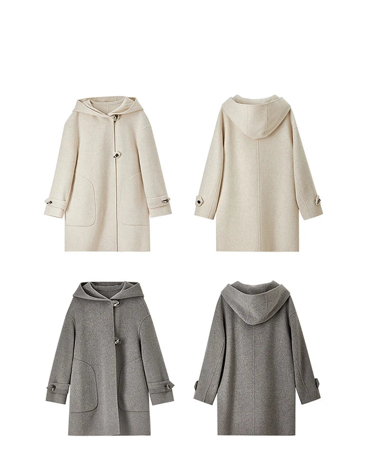 Sentubila dupla face 100% casaco de lã 2024 inverno comprimento médio reto touro chifre fivela feminino com capuz outwear w44o55979