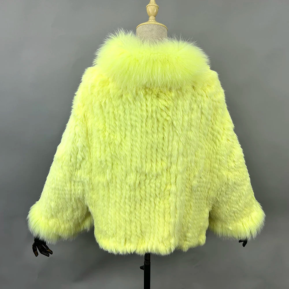 Novo real genuíno natural de malha pele de coelho xale casaco com gola de pele de raposa moda feminina capa de malha