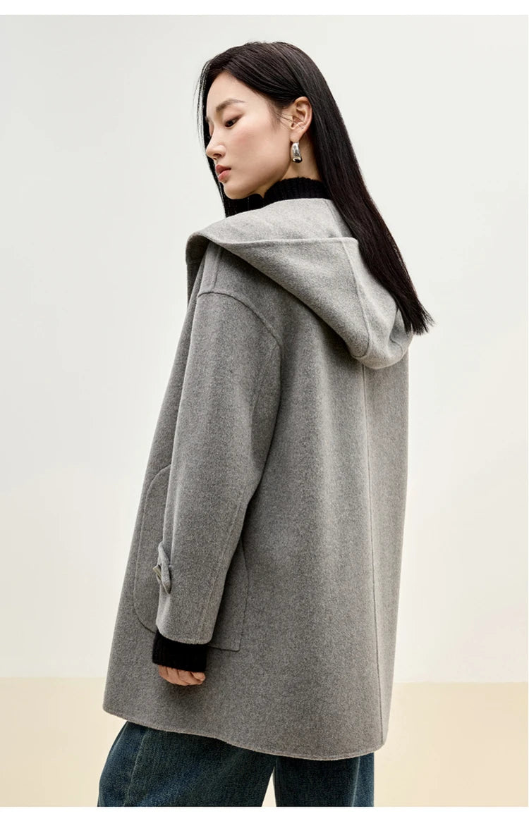 Sentubila dupla face 100% casaco de lã 2024 inverno comprimento médio reto touro chifre fivela feminino com capuz outwear w44o55979
