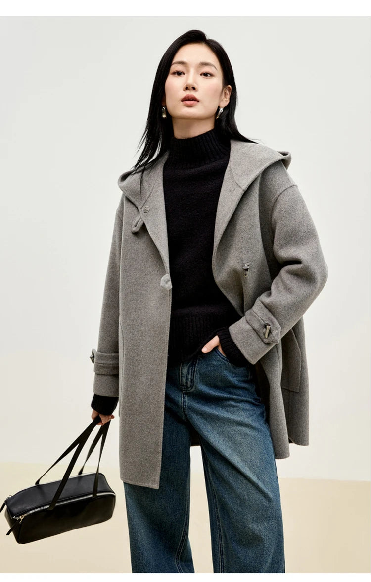 Sentubila dupla face 100% casaco de lã 2024 inverno comprimento médio reto touro chifre fivela feminino com capuz outwear w44o55979