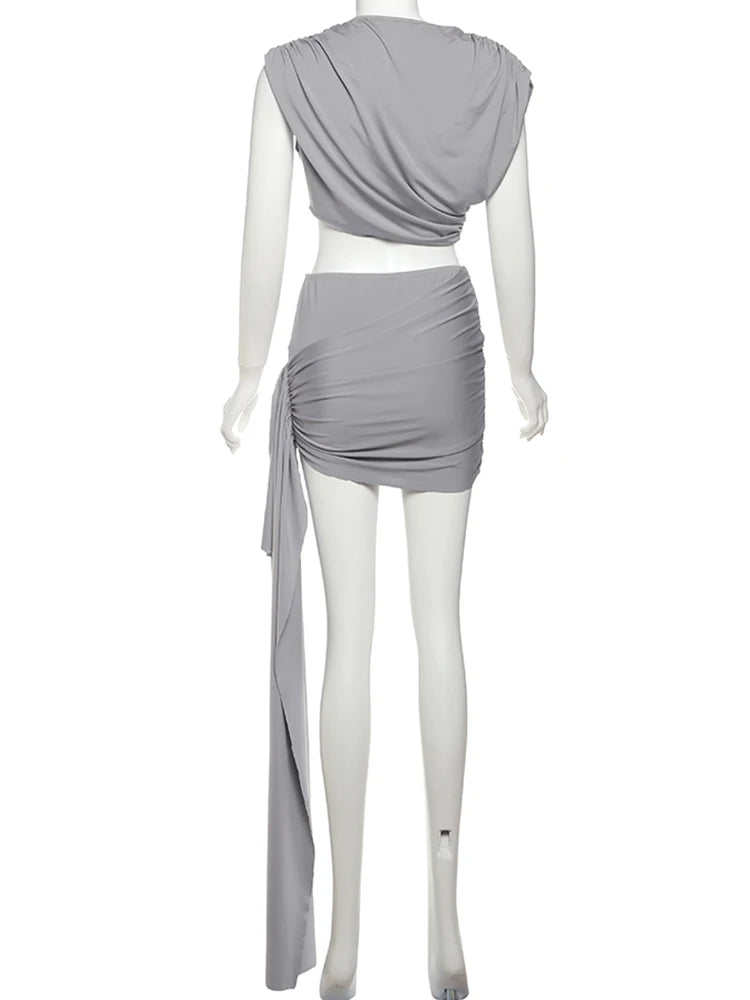 Estranho gato irregular ruched 2 peça conjunto feminino verão regatas + saias de fita lateral estiramento combinando casual simples roupas de rua