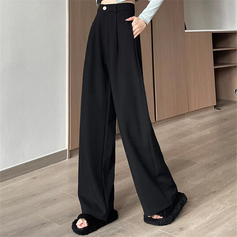Seoulish-Calça de perna larga feminina, calça feminina elegante, monocromática, casual, solta, escritório, comprimento total, coreano, botão, Novo, Outono, 2022