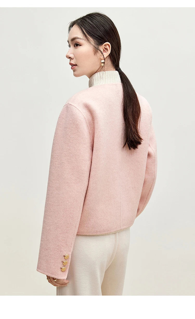 Sentubila casaco de lã de luxo para mulheres 2024 inverno gola redonda reta único breasted roupas femininas de alta qualidade w44o56591