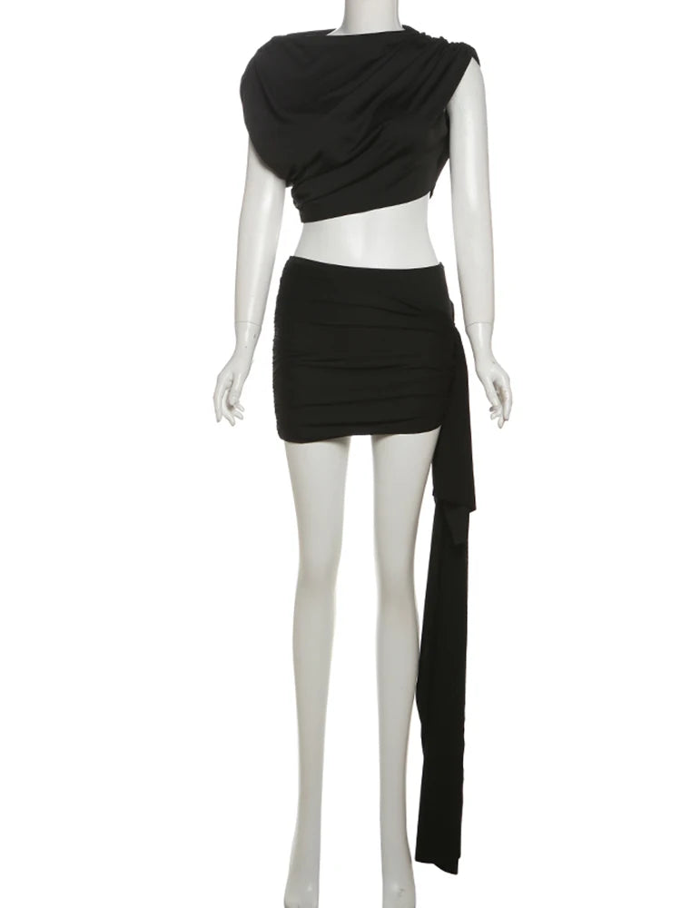 Estranho gato irregular ruched 2 peça conjunto feminino verão regatas + saias de fita lateral estiramento combinando casual simples roupas de rua