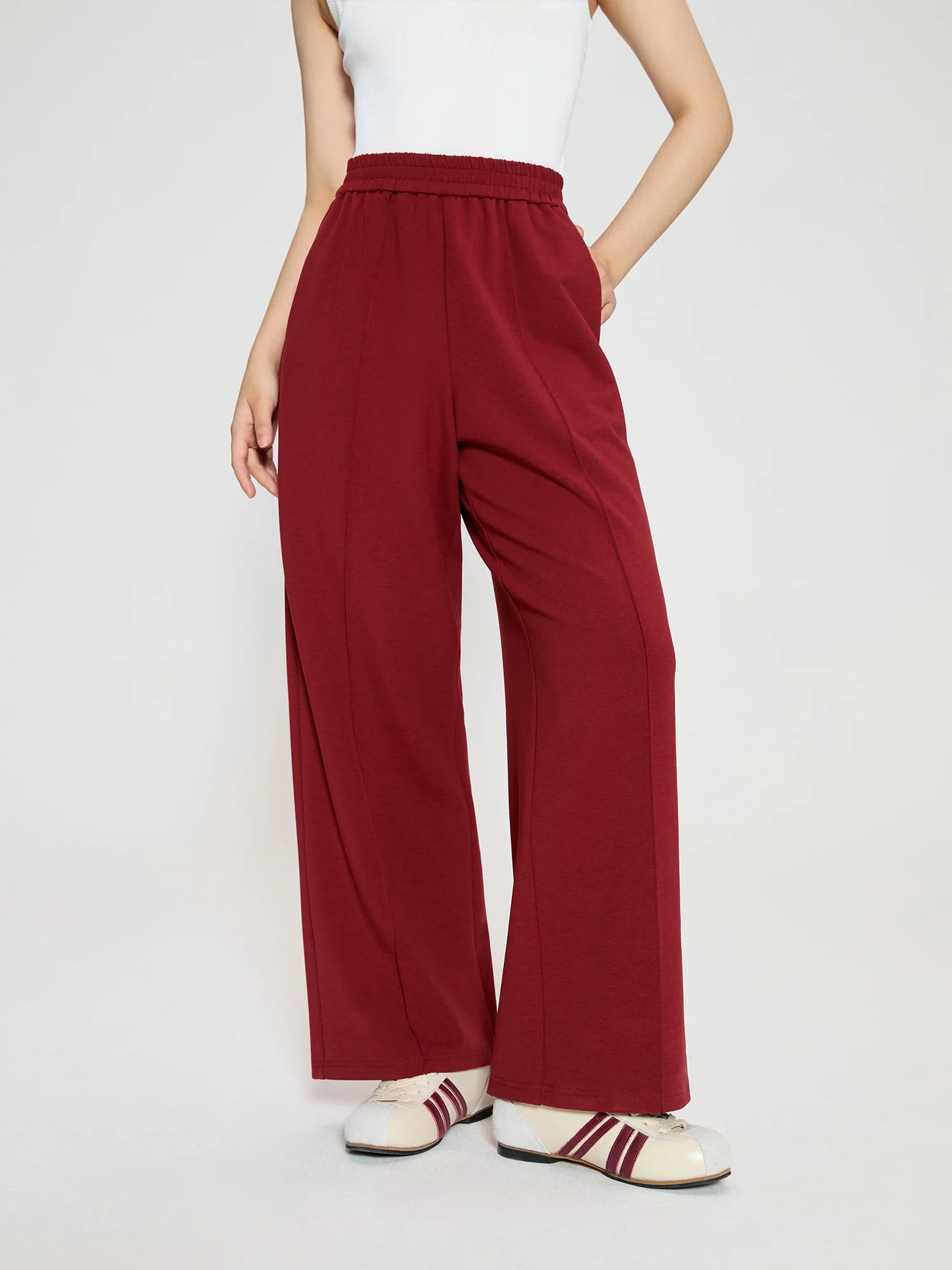 Dushu mulheres calça vermelha casual esporte estilo feminino outono grosso calças compridas bege cintura elástica calças retas para mulher 24ds83048