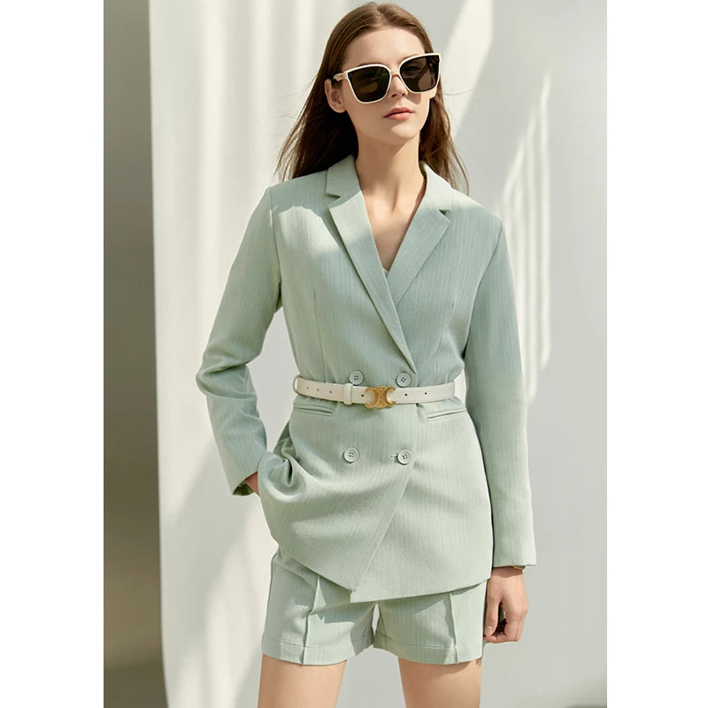 Amii minimalismo primavera terno escritório senhora blazer conjunto feminino rendas vneck tanques de cintura alta calças femininas shorts outfits 12060909