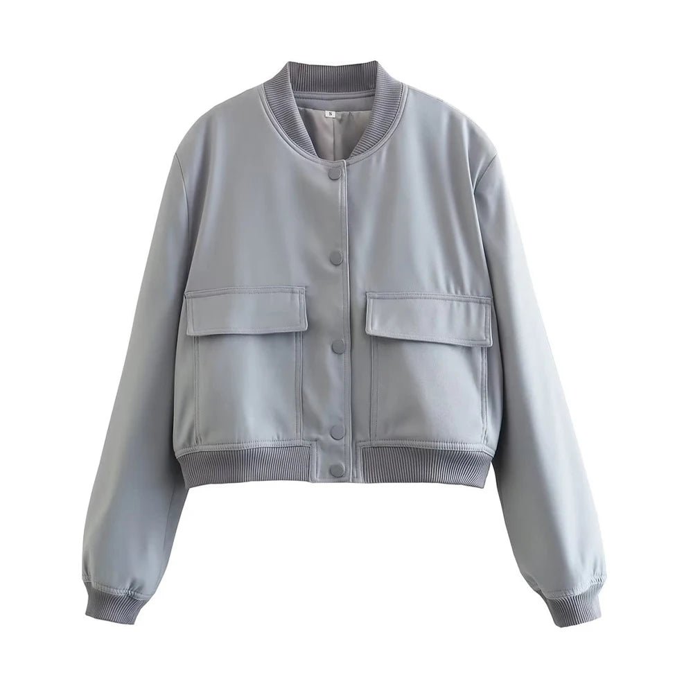 Trza moda feminina com bolsos jaqueta bomber casacos vintage manga longa botão frontal casual feminino outerwear chiques topos