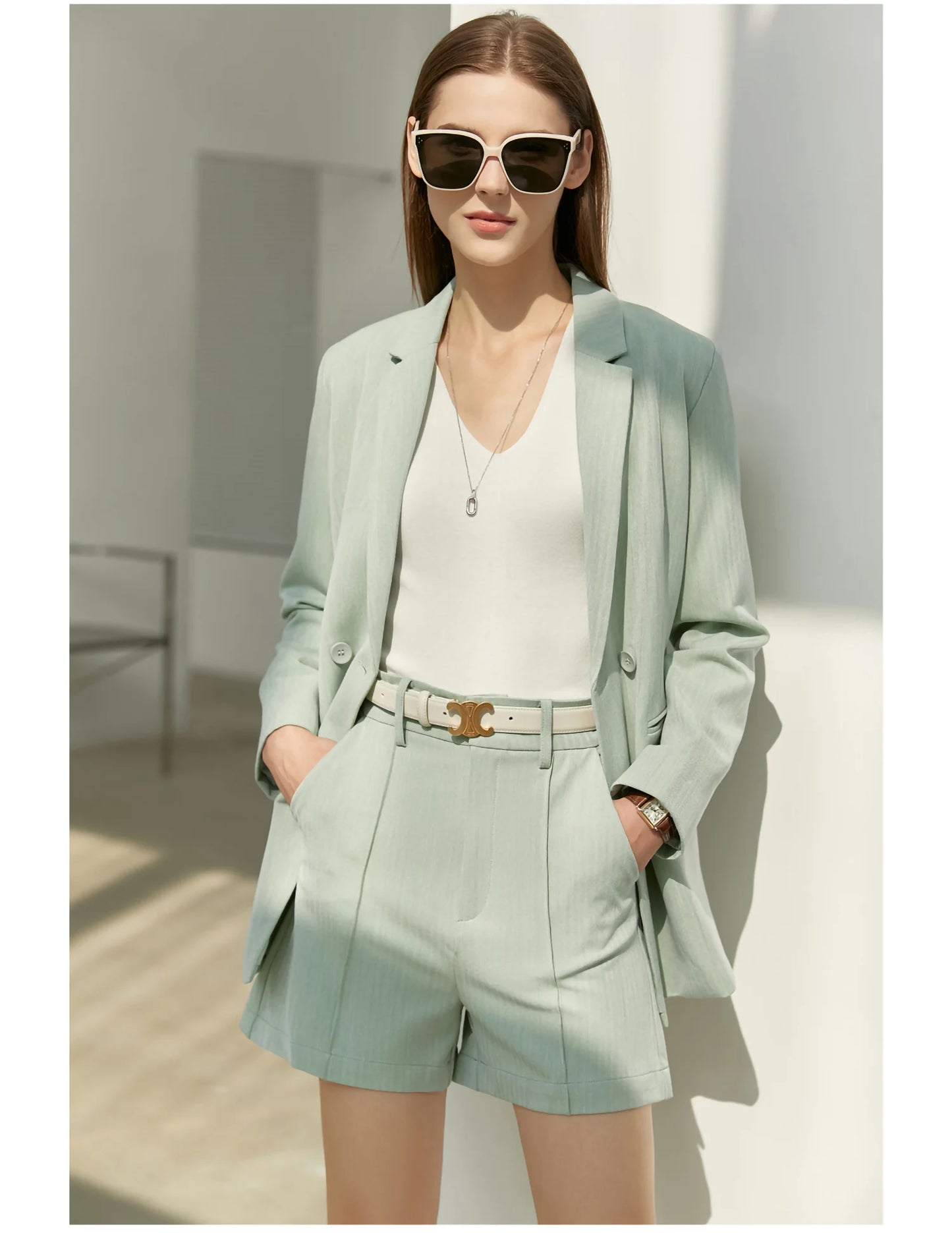 Amii minimalismo primavera terno escritório senhora blazer conjunto feminino rendas vneck tanques de cintura alta calças femininas shorts outfits 12060909