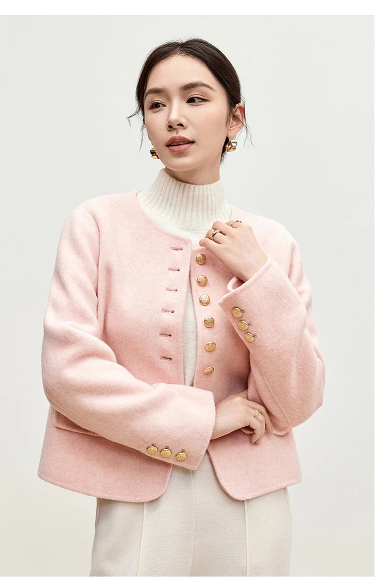 Sentubila casaco de lã de luxo para mulheres 2024 inverno gola redonda reta único breasted roupas femininas de alta qualidade w44o56591