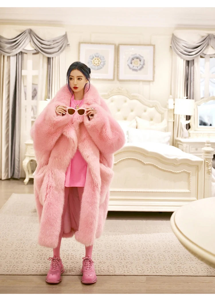 Lautaro inverno longo oversized rosa grosso quente macio desgrenhado fofo casaco de pele do falso feminino bolsos lapela solto doce bonito moda 2022