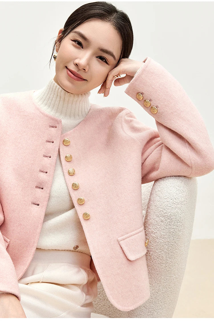 Sentubila casaco de lã de luxo para mulheres 2024 inverno gola redonda reta único breasted roupas femininas de alta qualidade w44o56591