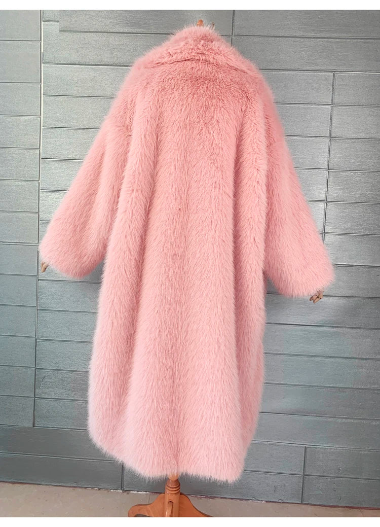 Lautaro inverno longo oversized rosa grosso quente macio desgrenhado fofo casaco de pele do falso feminino bolsos lapela solto doce bonito moda 2022