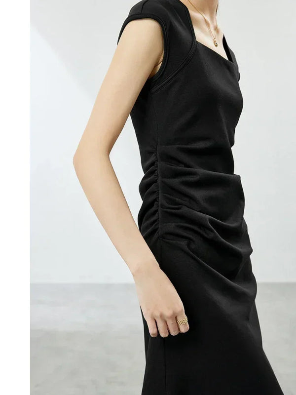 SENTUBILA, vestidos negros de verano 2025, vestido largo ajustado fruncido de manga corta de punto de algodón elegante para fiesta para mujer, ropa 142L54013