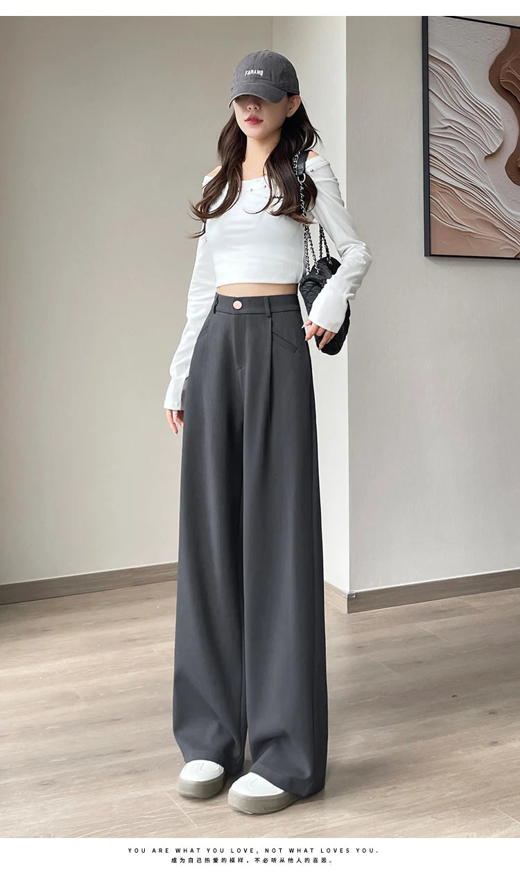Seoulish-Calça de perna larga feminina, calça feminina elegante, monocromática, casual, solta, escritório, comprimento total, coreano, botão, Novo, Outono, 2022