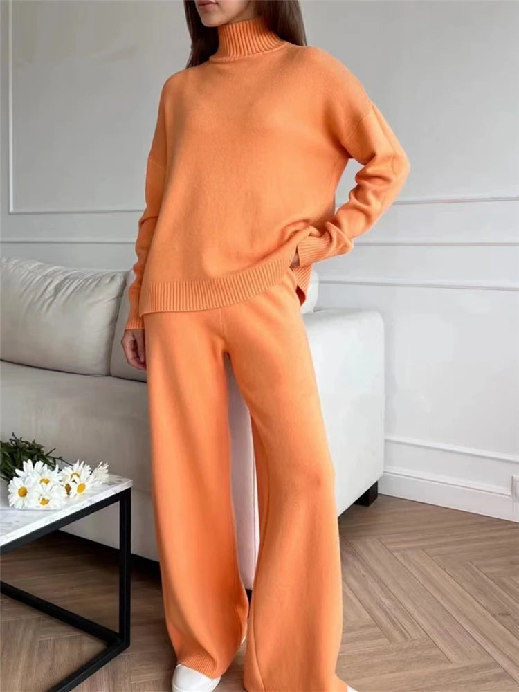 Outono inverno 2 peças conjuntos femininos de malha agasalho gola alta camisola e calças de jogging retas ternos