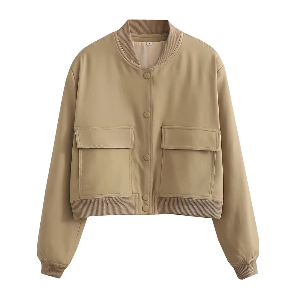 Trza moda feminina com bolsos jaqueta bomber casacos vintage manga longa botão frontal casual feminino outerwear chiques topos