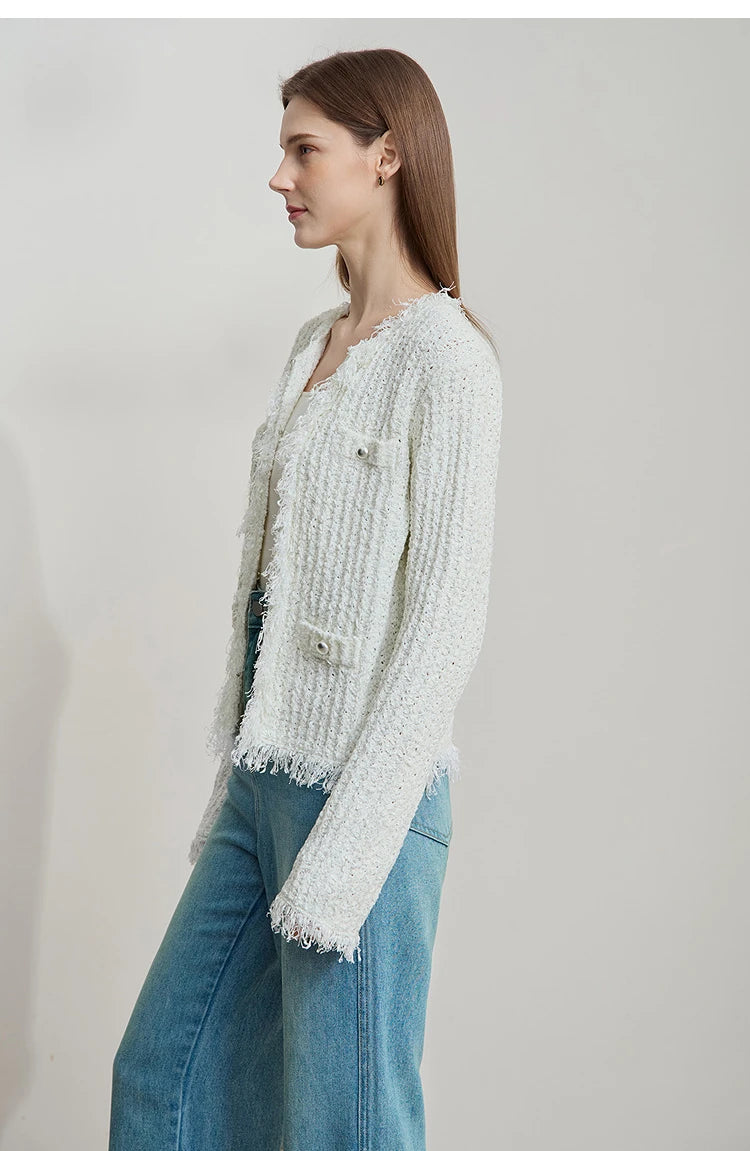 Amii minimalista borla frente ombro manga longa cardigan feminino 2025 primavera novo commuter emenda curto topo reto 12551057