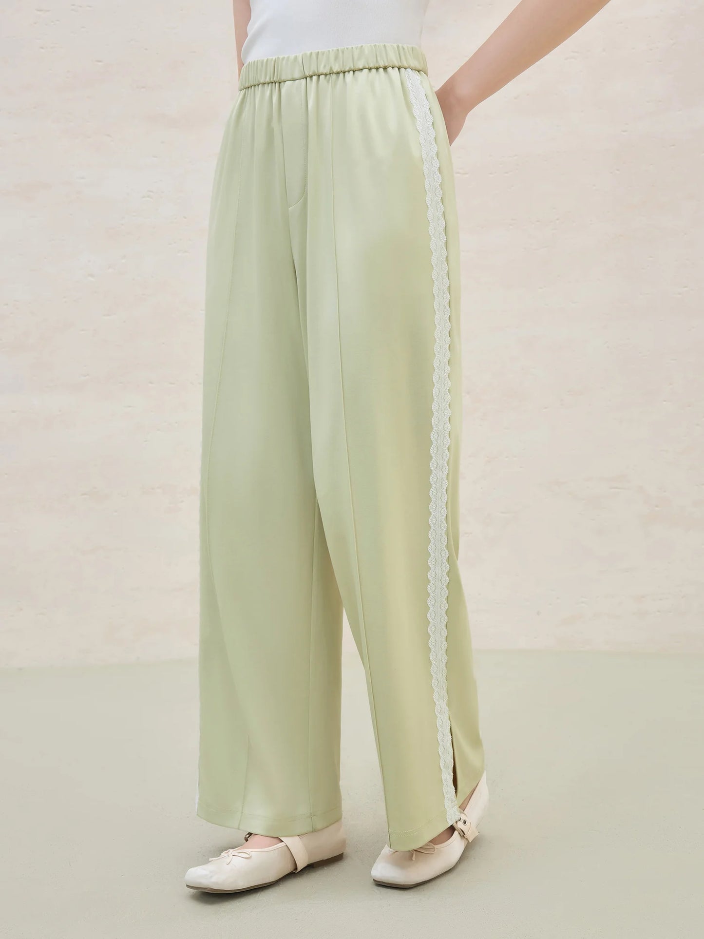 DUSHU 2025 Calça feminina de acetato com acabamento em renda de verão – perna reta e design chique de escritório com tecido respirável