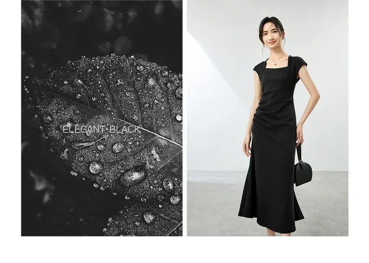 SENTUBILA, vestidos negros de verano 2025, vestido largo ajustado fruncido de manga corta de punto de algodón elegante para fiesta para mujer, ropa 142L54013