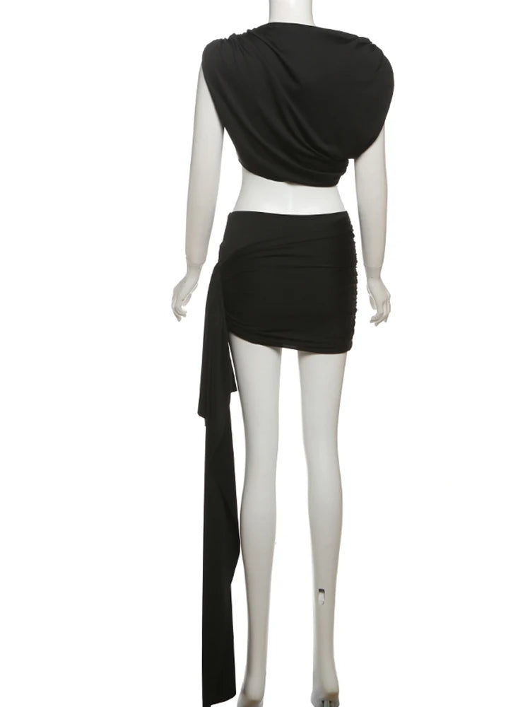 Estranho gato irregular ruched 2 peça conjunto feminino verão regatas + saias de fita lateral estiramento combinando casual simples roupas de rua