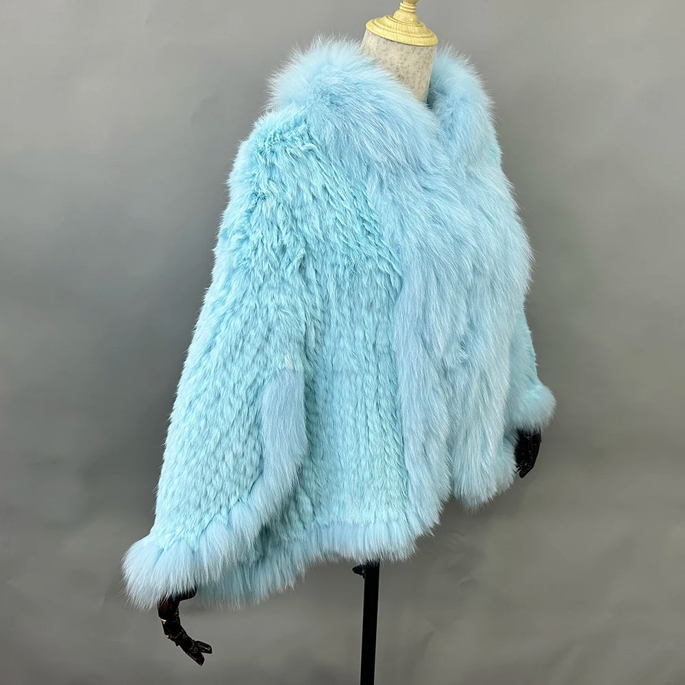 Novo real genuíno natural de malha pele de coelho xale casaco com gola de pele de raposa moda feminina capa de malha