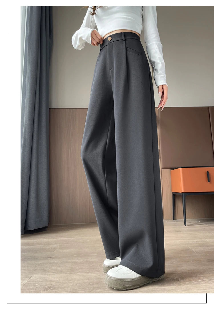 Seoulish-Calça de perna larga feminina, calça feminina elegante, monocromática, casual, solta, escritório, comprimento total, coreano, botão, Novo, Outono, 2022