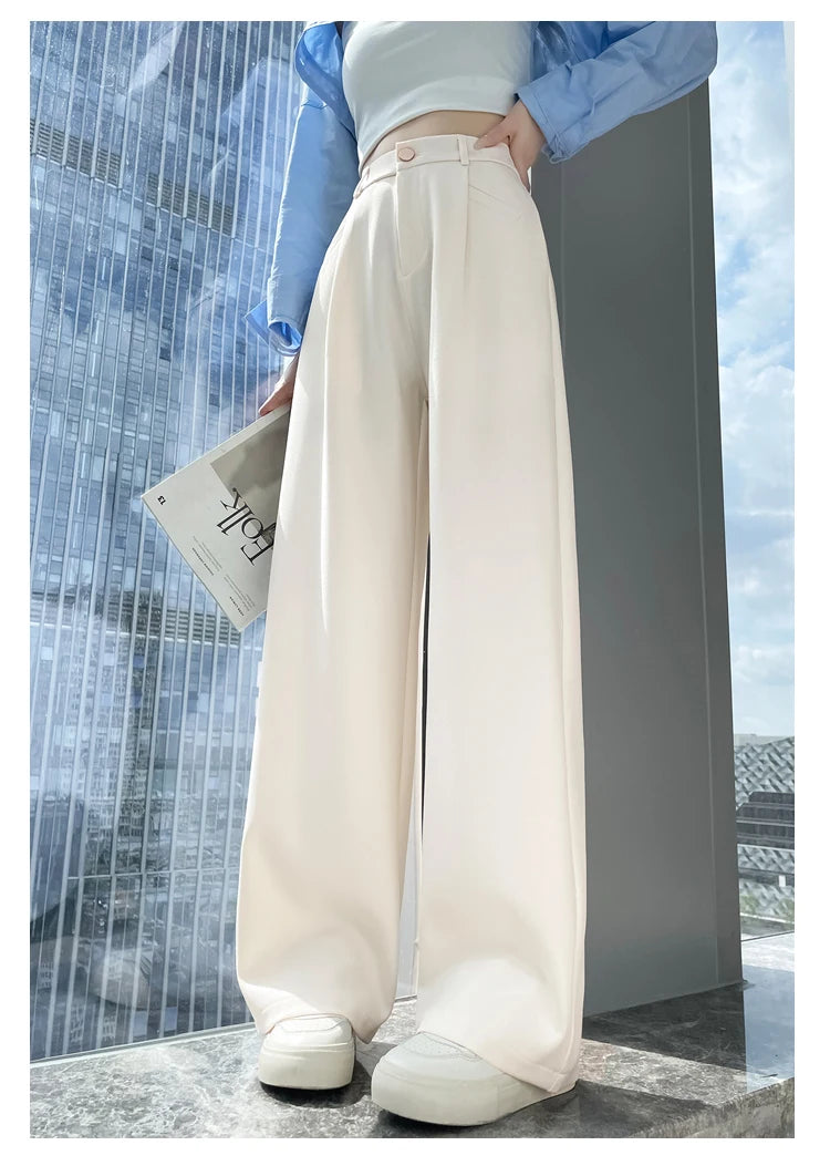 Seoulish-Calça de perna larga feminina, calça feminina elegante, monocromática, casual, solta, escritório, comprimento total, coreano, botão, Novo, Outono, 2022