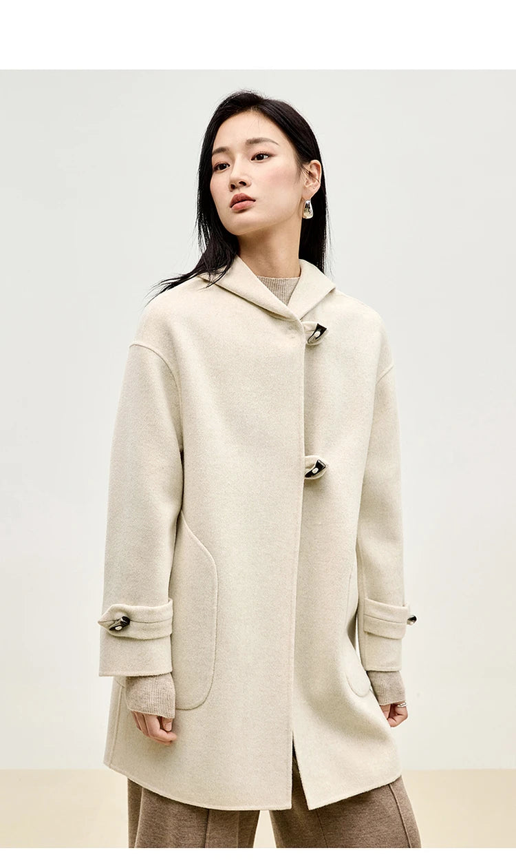 Sentubila dupla face 100% casaco de lã 2024 inverno comprimento médio reto touro chifre fivela feminino com capuz outwear w44o55979