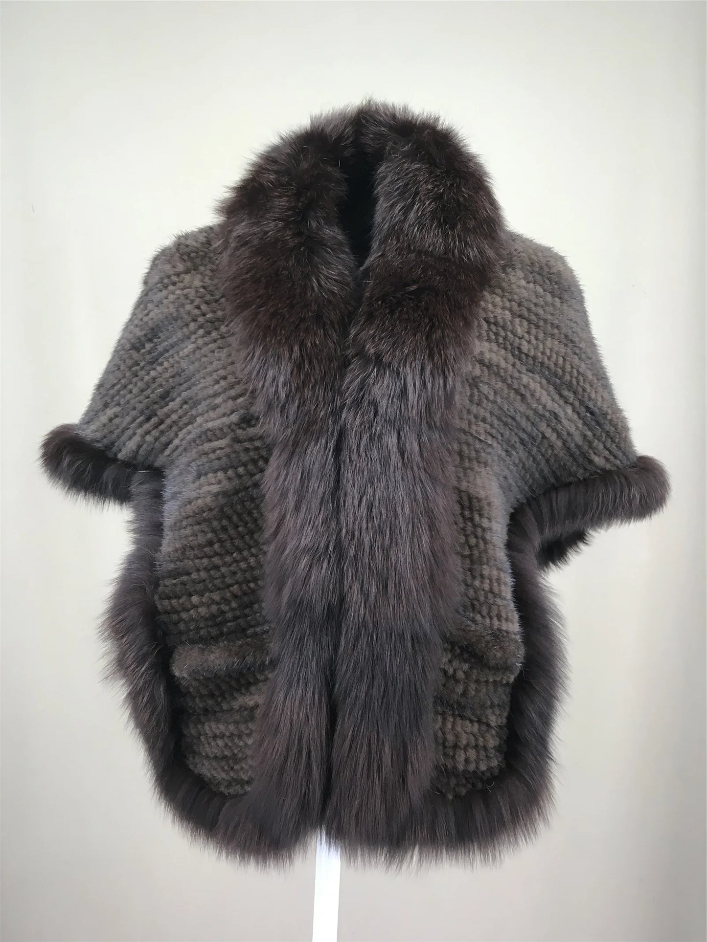 Xale de tricô de pele de vison real com gola de corte de pele de raposa, estola de capa frontal, xale branco coreano peludo luxuoso, inverno