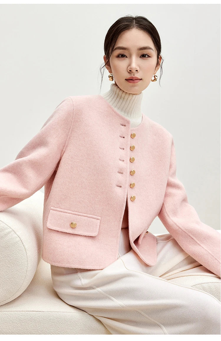 Sentubila casaco de lã de luxo para mulheres 2024 inverno gola redonda reta único breasted roupas femininas de alta qualidade w44o56591