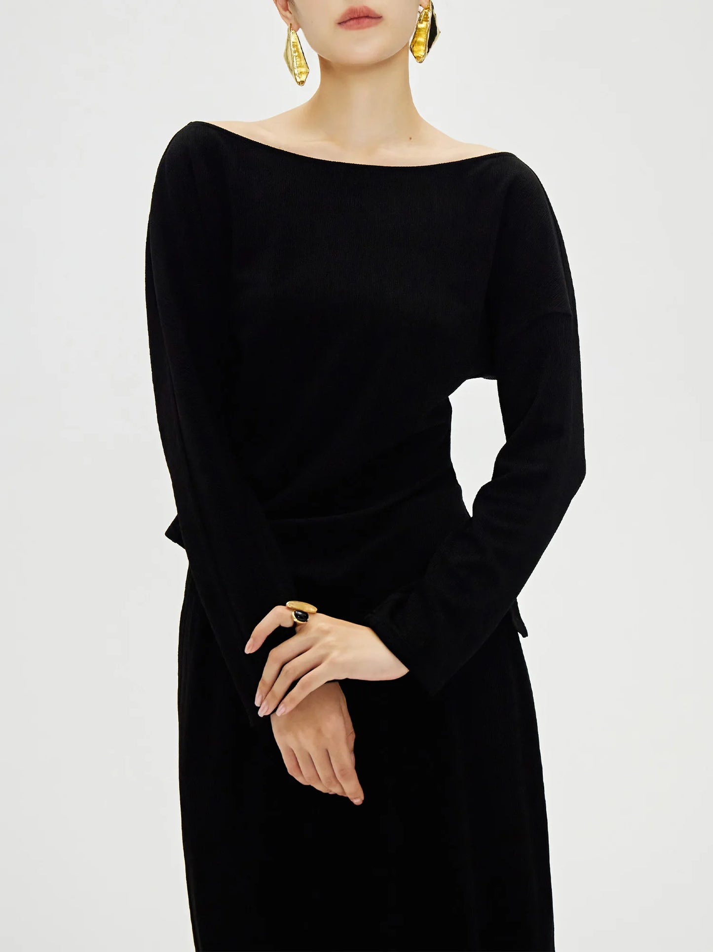 DUSHU-Conjunto de saia preta feminina, parte superior do pescoço, divisão irregular, elástico na cintura, saia longa, temperamento, manga longa, 24DH83004