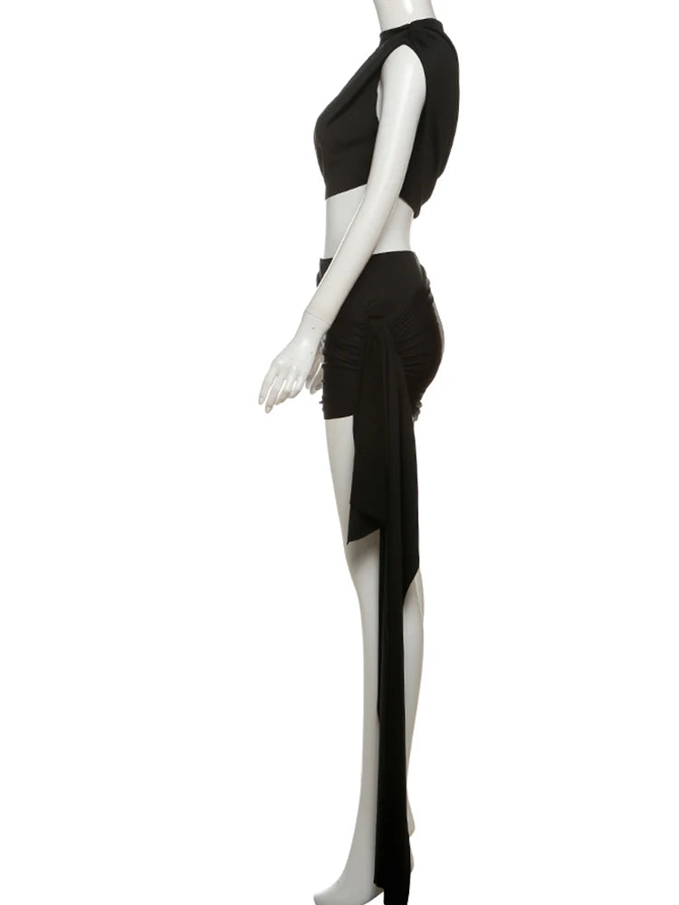 Estranho gato irregular ruched 2 peça conjunto feminino verão regatas + saias de fita lateral estiramento combinando casual simples roupas de rua