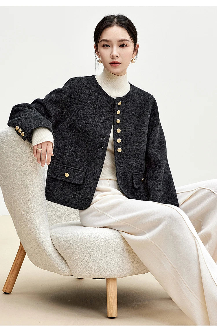 Sentubila casaco de lã de luxo para mulheres 2024 inverno gola redonda reta único breasted roupas femininas de alta qualidade w44o56591