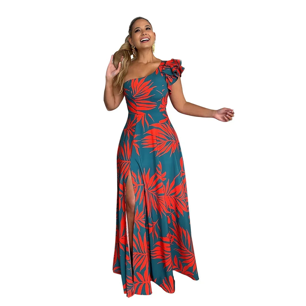 Elegante vestido longo feminino, fenda lateral alta sexy, ombro semi-off, vestido de noite para mulheres europeias e americanas