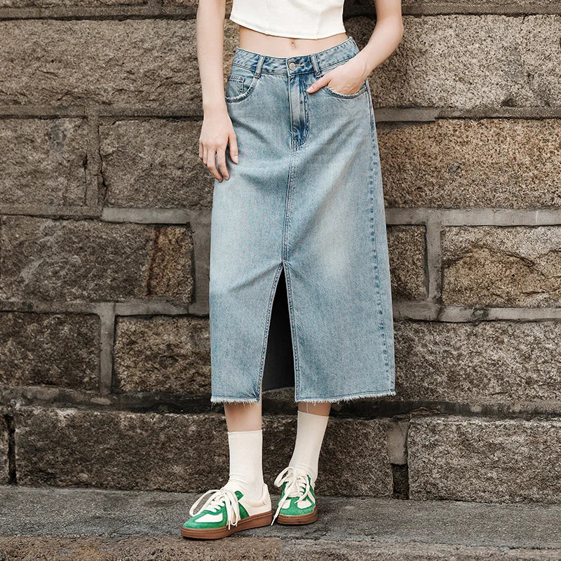 Semir-Saia jeans feminina, fenda alta, design de corte reto, nova chegada, verão, 2022
