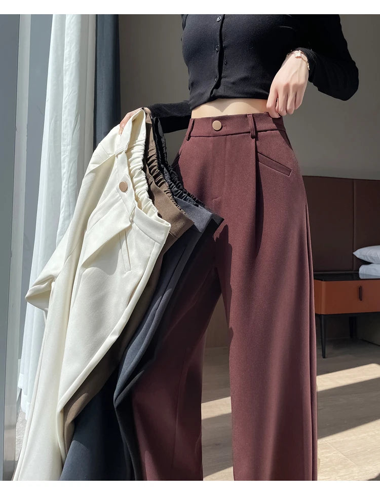Seoulish-Calça de perna larga feminina, calça feminina elegante, monocromática, casual, solta, escritório, comprimento total, coreano, botão, Novo, Outono, 2022