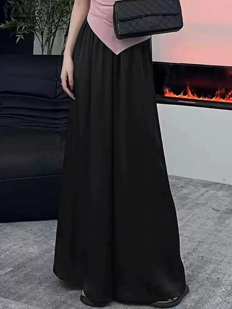 Zanzea elástico de cintura alta cor sólida calças largas perna moda coreana commute cetim solto calças casuais femininas 2024 outono pantalon