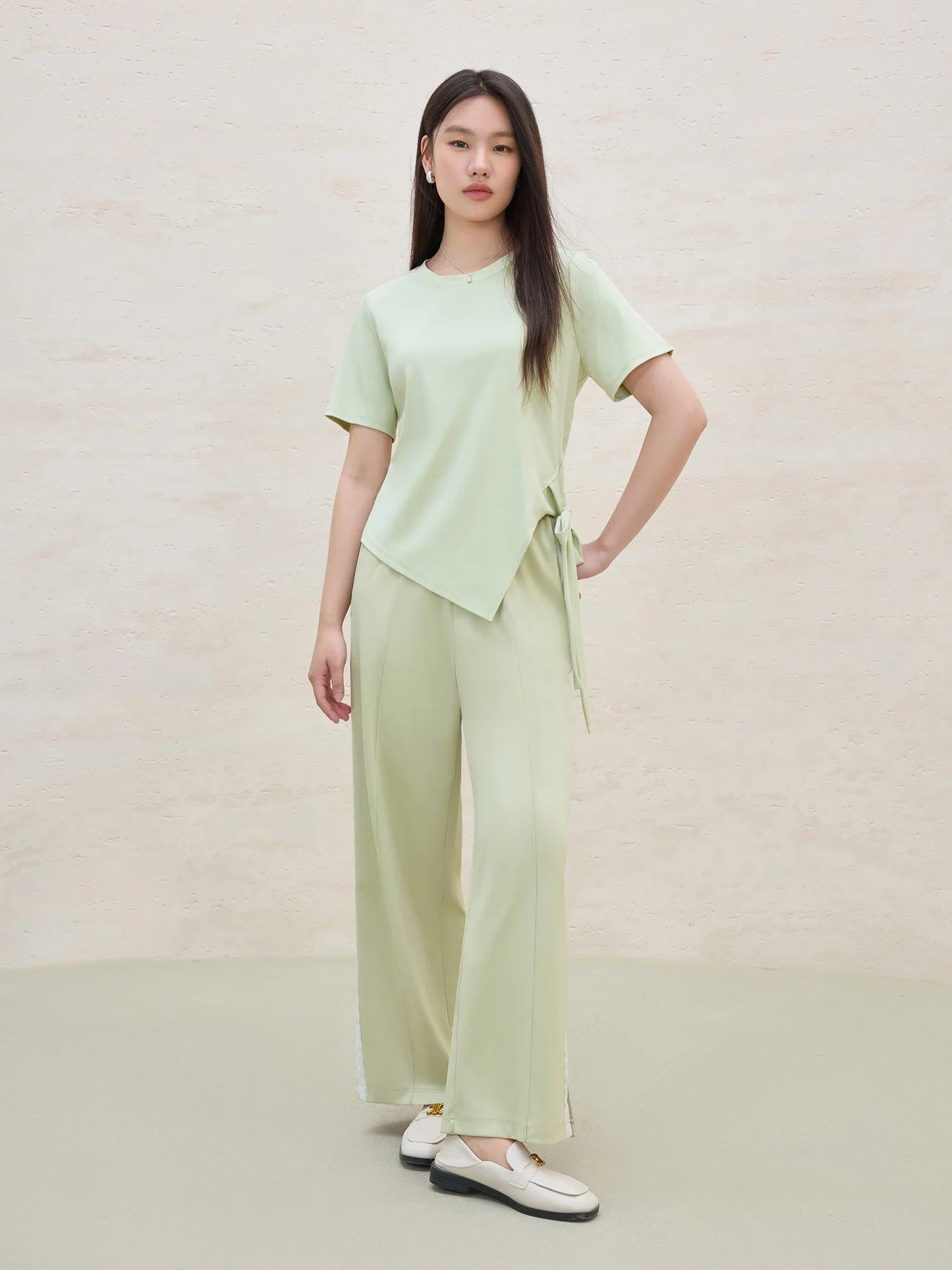 DUSHU 2025 Calça feminina de acetato com acabamento em renda de verão – perna reta e design chique de escritório com tecido respirável
