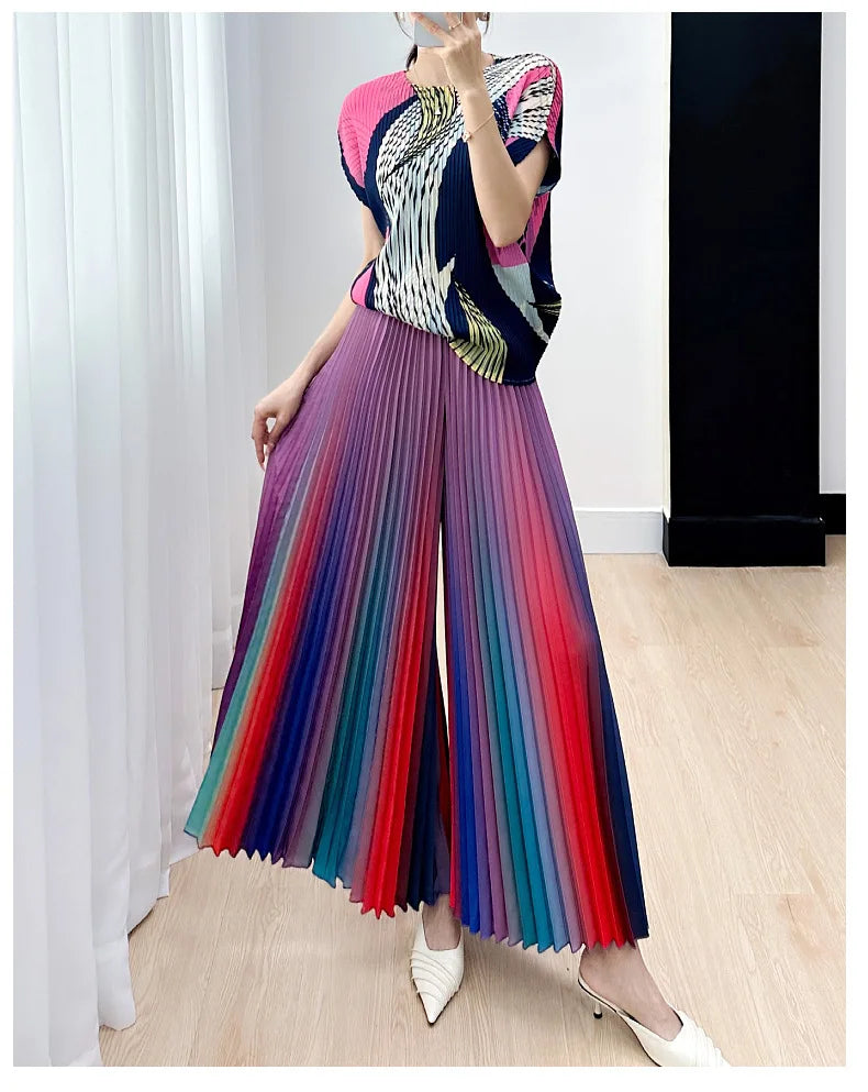 Primavera/Verão Novo Gradiente das mulheres Plissado Solto e Versátil Perna Larga Alargamento Calças Moda Outono Street Style Rainbow Calças