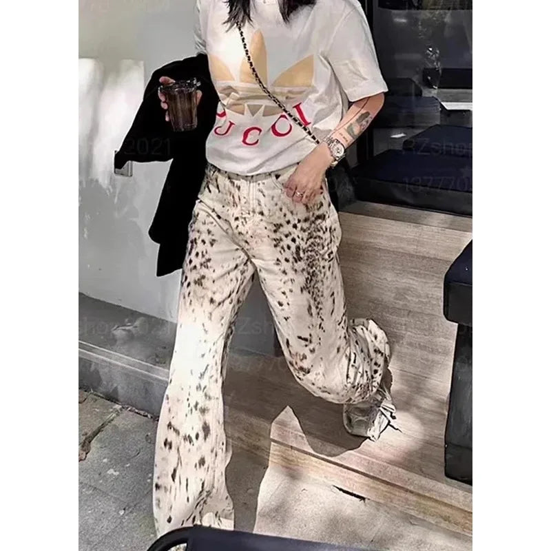 Leopardo impressão em linha reta perna larga jeans feminino cintura alta retro jeans streetwear y2k calças vintage high street denim