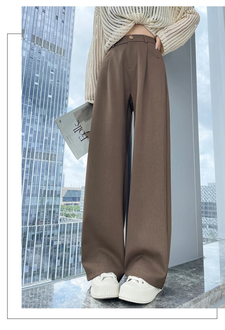Seoulish-Calça de perna larga feminina, calça feminina elegante, monocromática, casual, solta, escritório, comprimento total, coreano, botão, Novo, Outono, 2022